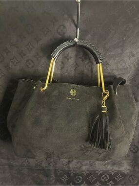 House of Harlow 1960 Black Suede Shoulder Tote with Gold Hardware